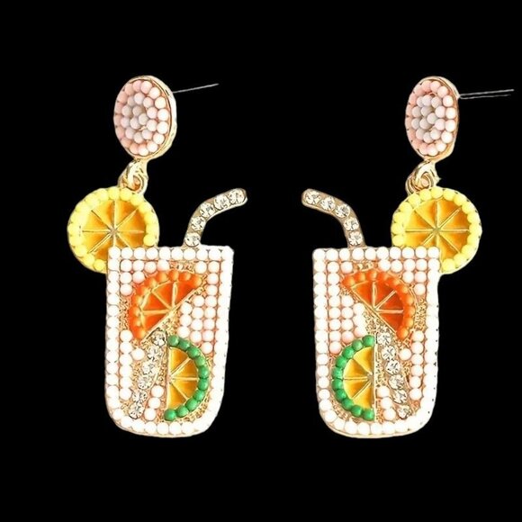Tropical Cocktail Earrings Beaded Dangle Posts Lemon Lime Cruise Island … - Picture 2 of 12